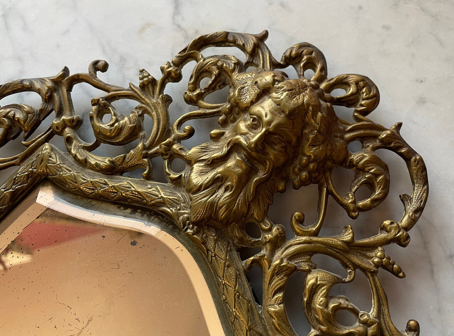 Antique Brass Mirror with Bacchus or Green Man Mascaron