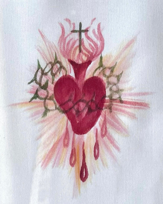 Vintage Sacred Heart Painting on Satin