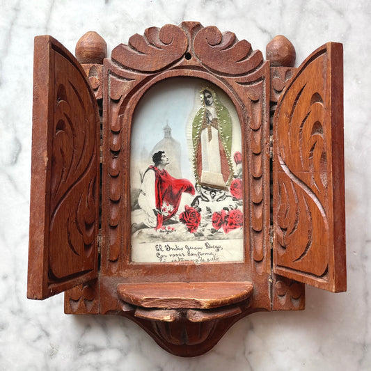 Vintage Our Lady of Guadalupe Card in Wooden Nicho