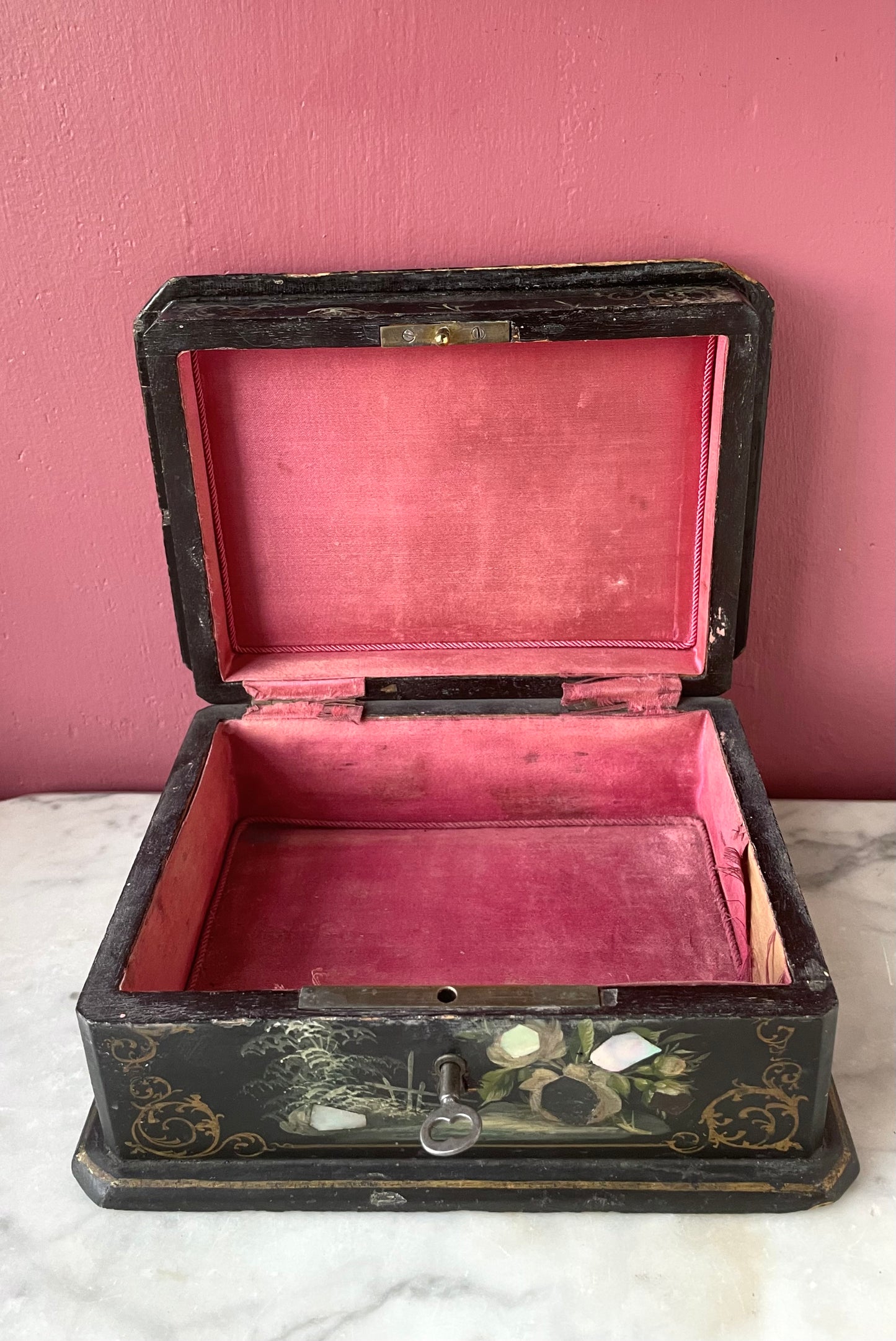 Victorian Black Lacquer Box with Mother of Pearl
