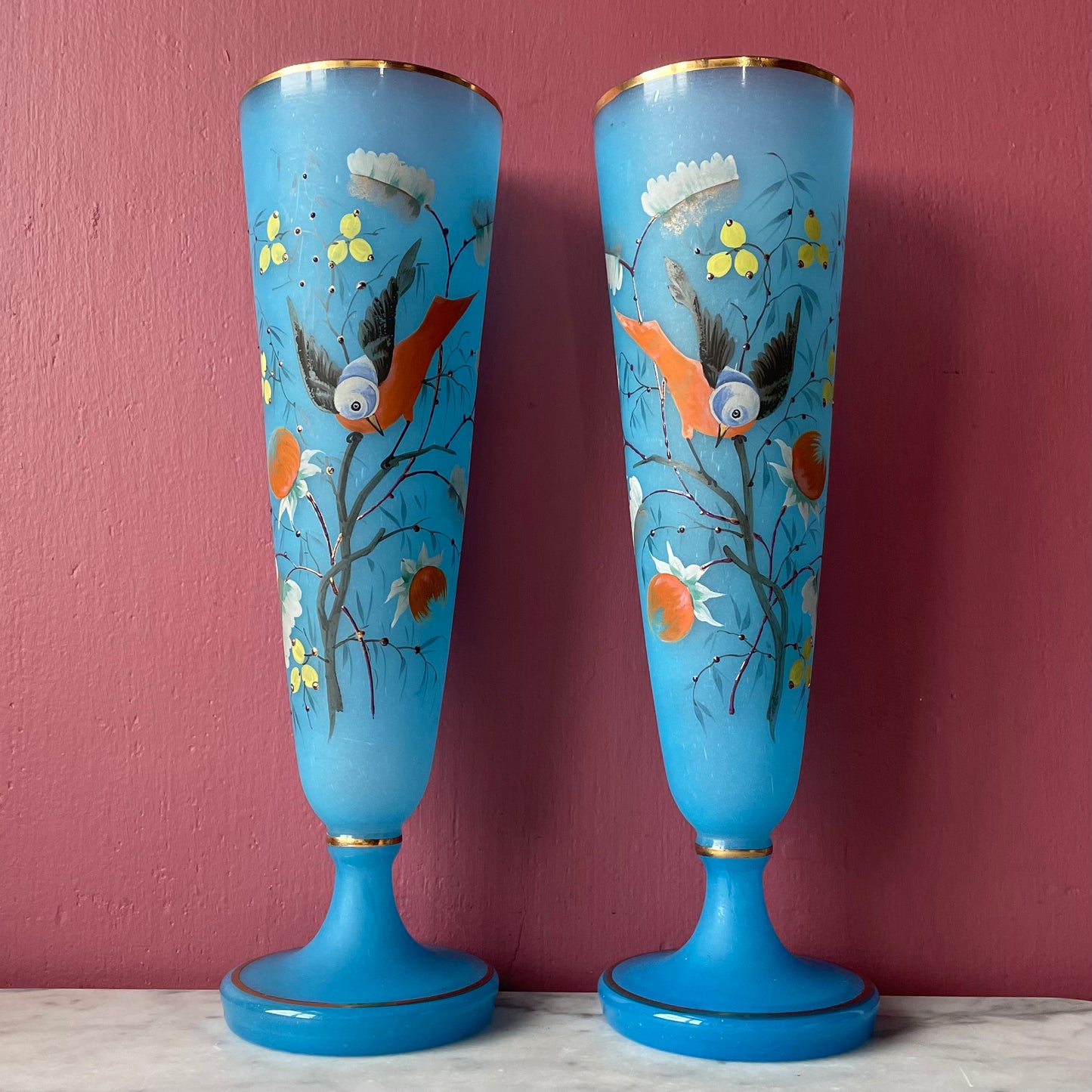 Victorian Blue Bristol Glass Vases with Birds