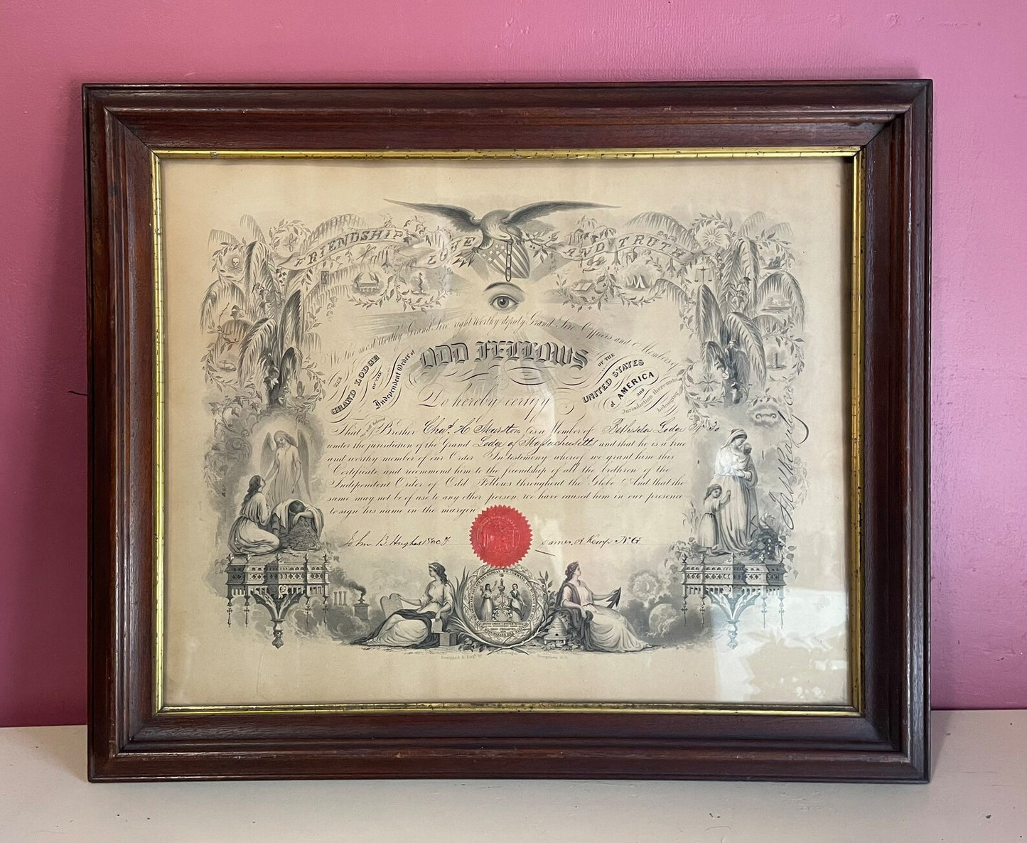 Large Framed Antique Odd Fellows Membership Certificate