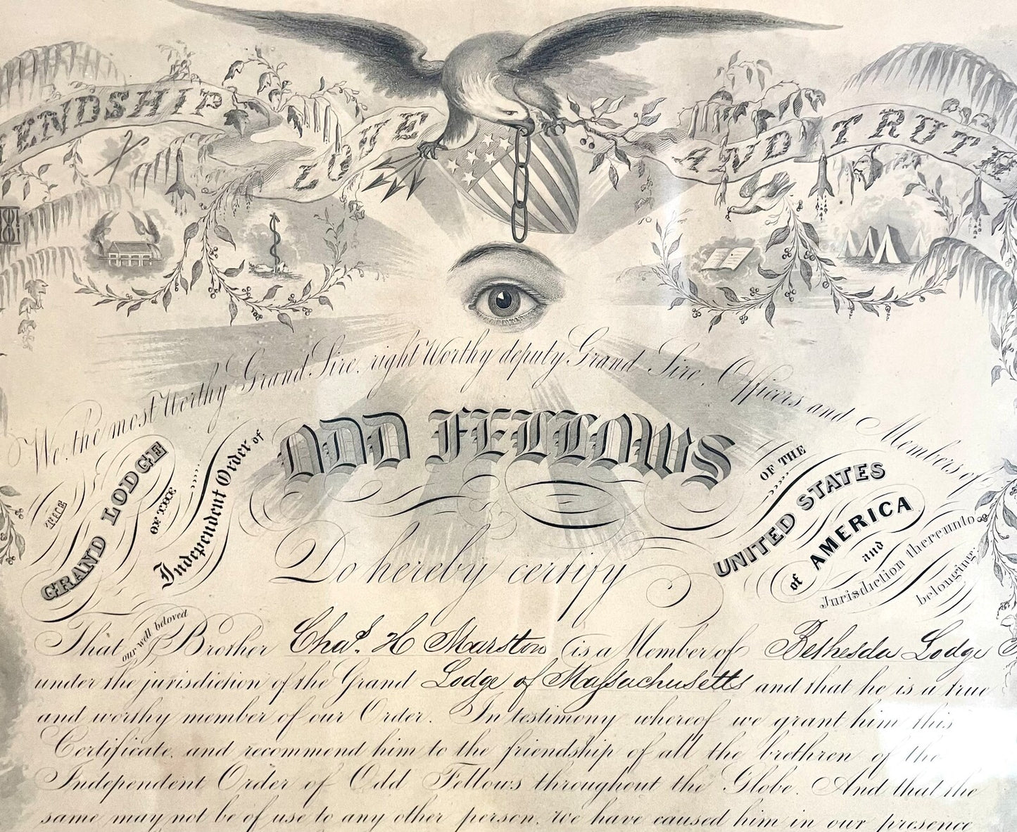 Large Framed Antique Odd Fellows Membership Certificate