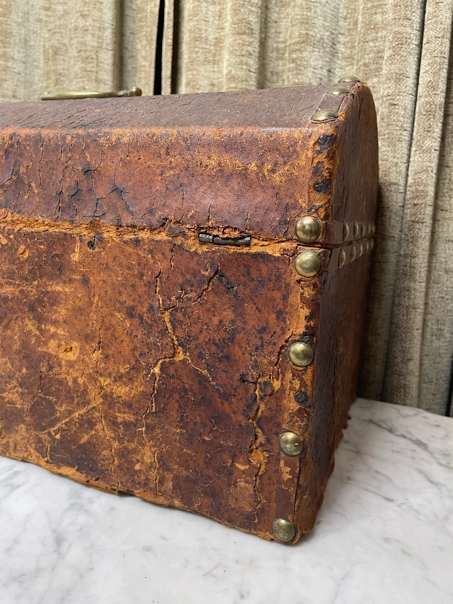 Victorian Leather Covered Trunk with Studs and Newspaper Lining
