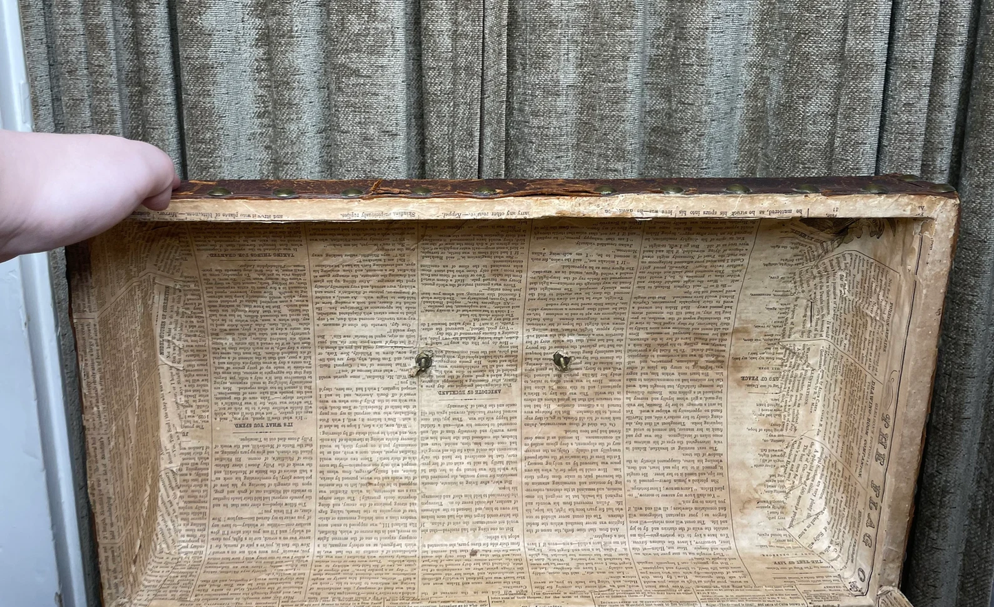 Victorian Leather Covered Trunk with Studs and Newspaper Lining